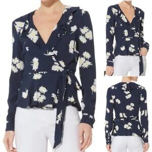 NWT Ganni Silvery Crepe Total Eclipse Blue Daisy Ruffle Wrap Blouse Top